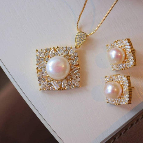Square Pendant CZ White Freshwater Pearl Set - House Of Pearls